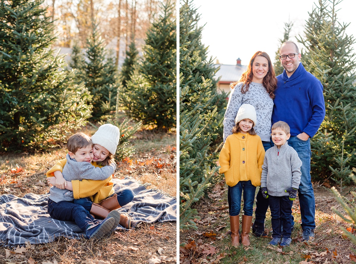 North Shore Christmas tree farm family photo shoot with two kids hugging