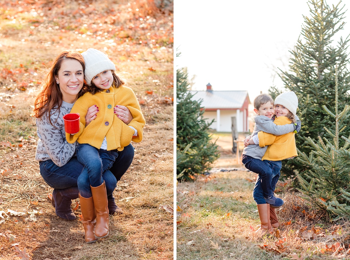 North Shore Christmas tree farm family photo shoot side-by-side with mother and daughter plus sister and brother hugging