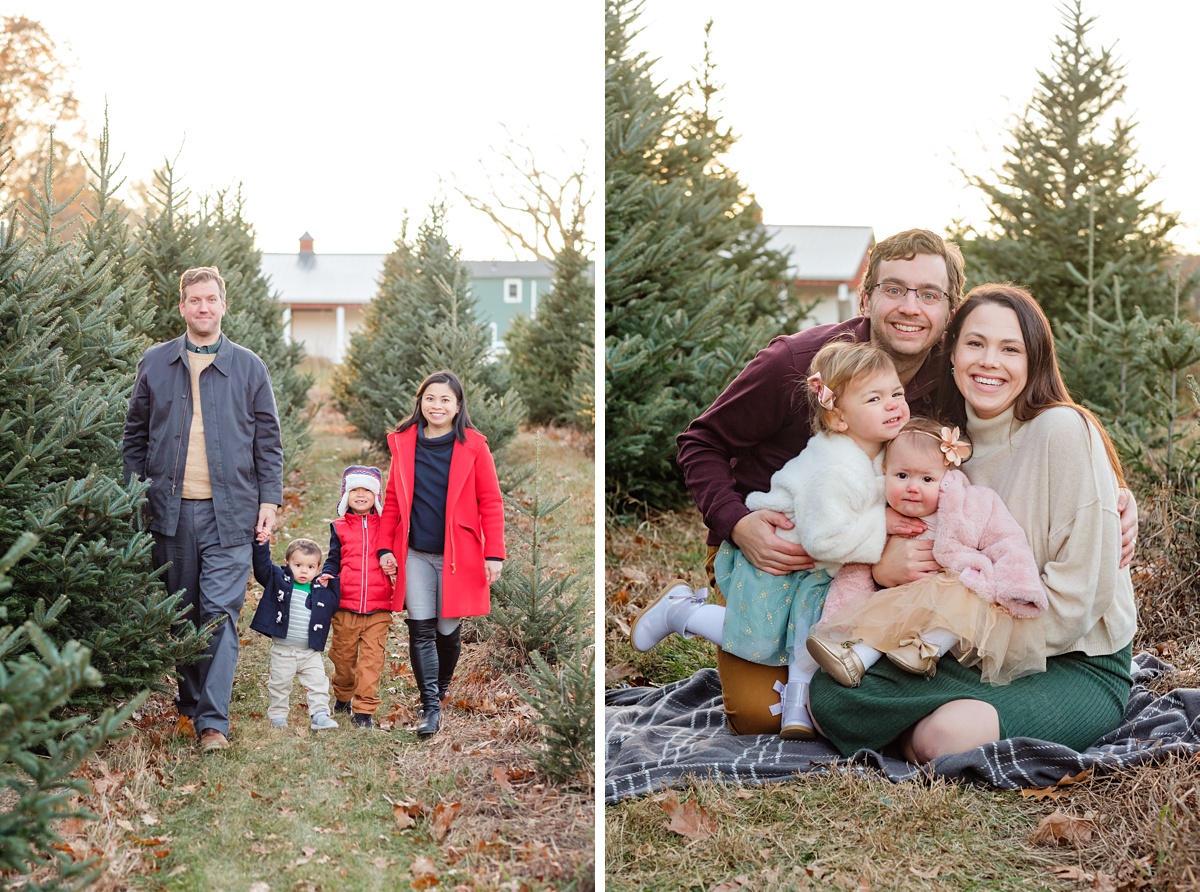 Winter farm photo session of two families, neutral color palette